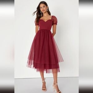 NWT Lulu's Brightly Beloved Wine Red Tulle Tiered Puff Sleeve Midi Dress Small
